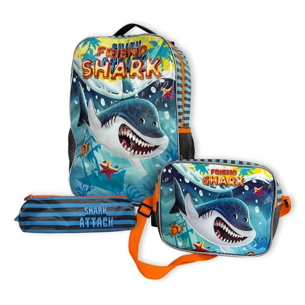Kit Mochila Escolar Infantil Tubarao Colorido Completo 3 Pecas Resistente