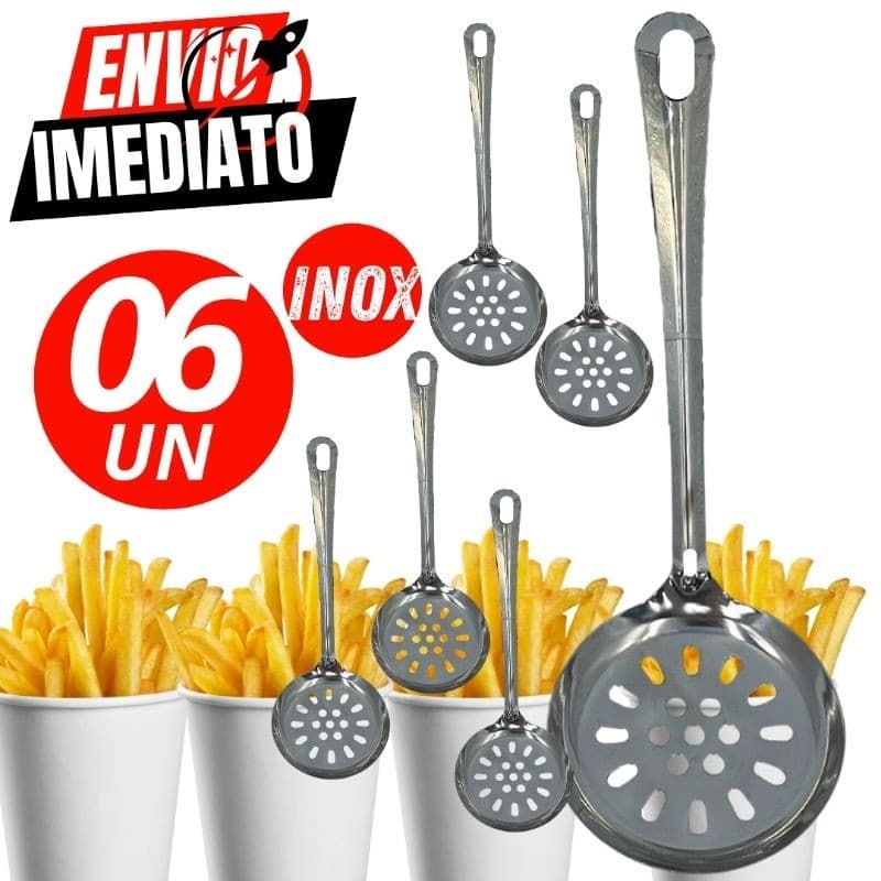Conjunto 6 Escumadeira 100% Inox Frituras Alimentos Casa Cozinha Buffet Restaurante Premium