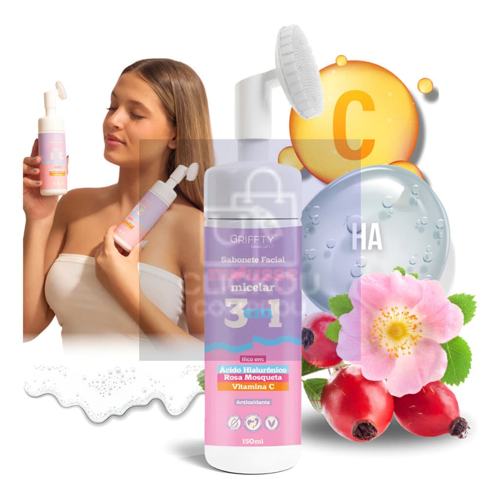 Sabonete Mousse Micelar 3 em 1 Facial com Vitamina C Limpa Hidrata e Revigora a Pele com Efeito Iluminador