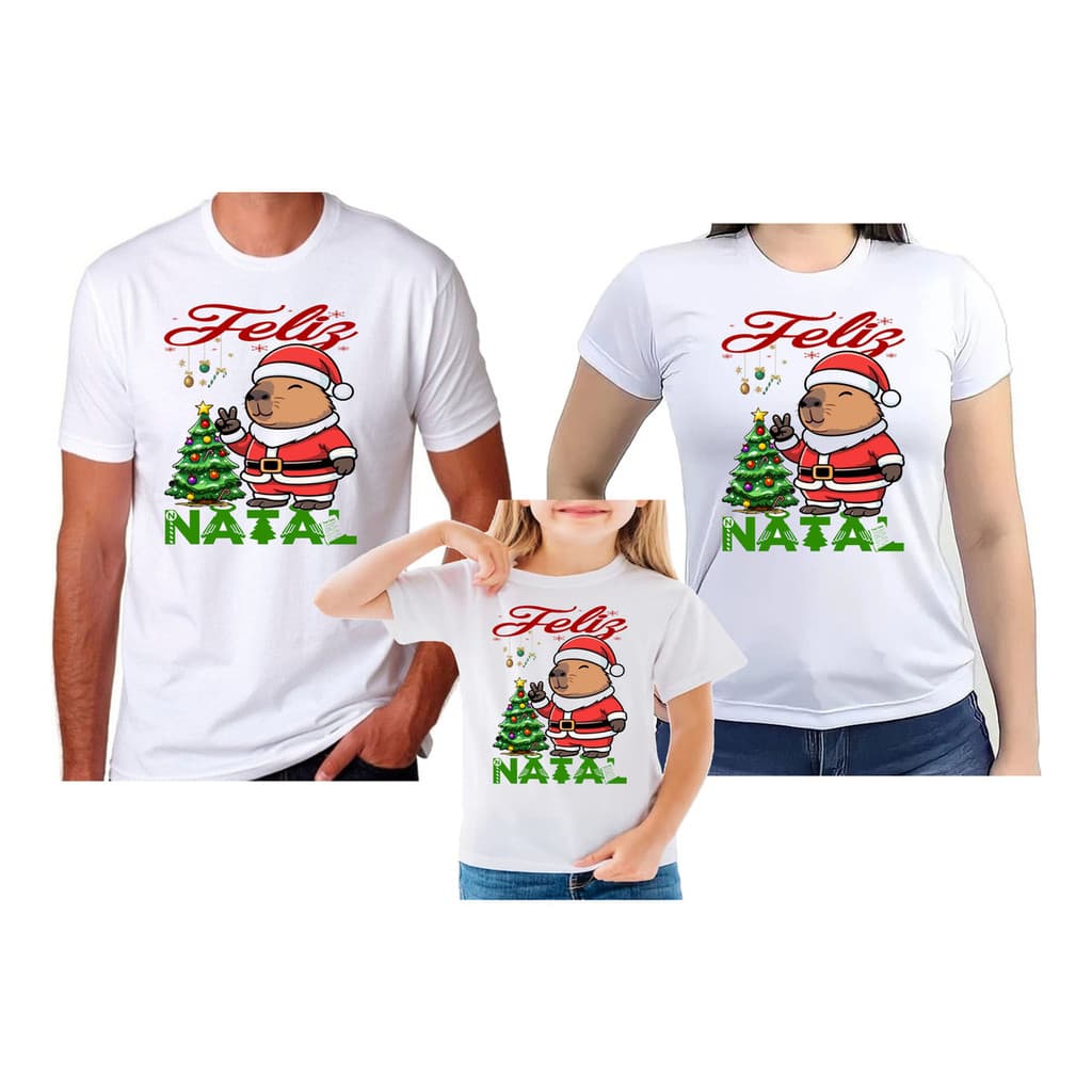 Kit 3 Camisetas capivara Família Feliz Natal Papai Noel