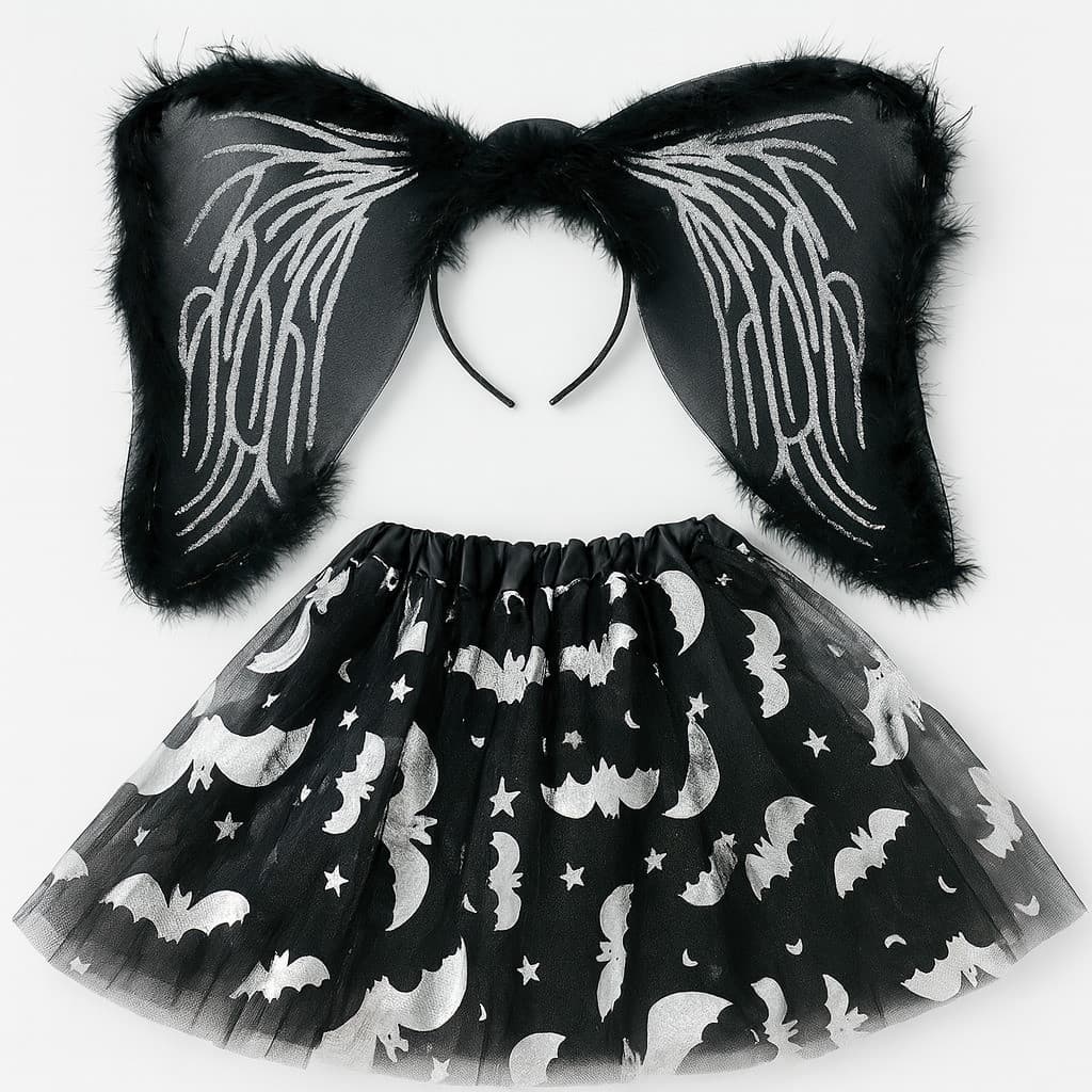 Fantasia Infantil Halloween Anjo Sombrio com Asas de Plumas e Saia 30cm – Prata