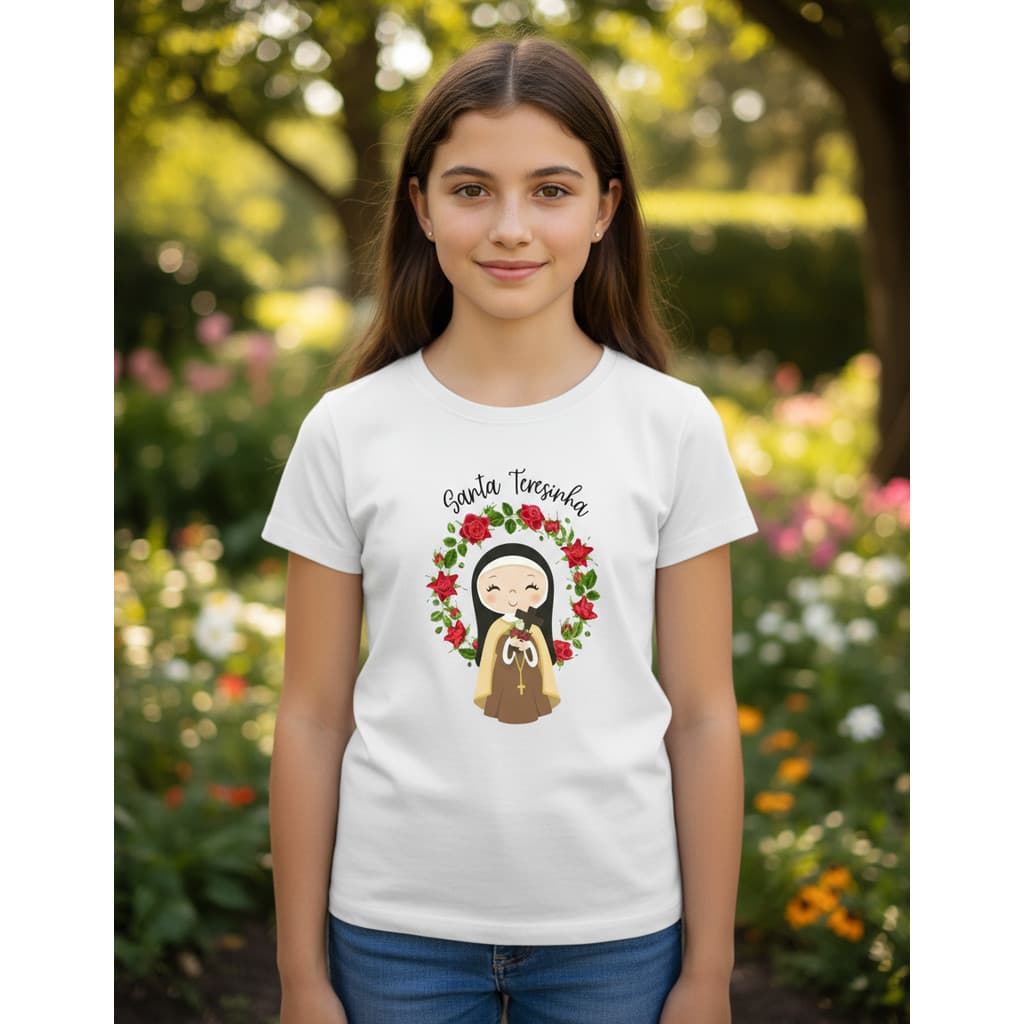Camiseta Infantil Santa Teresinha Das Rosas  Fé E Amor