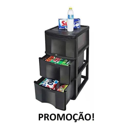 Gaveteiro Plástico Grande Organizador Multiuso 3 Gavetas Preto
