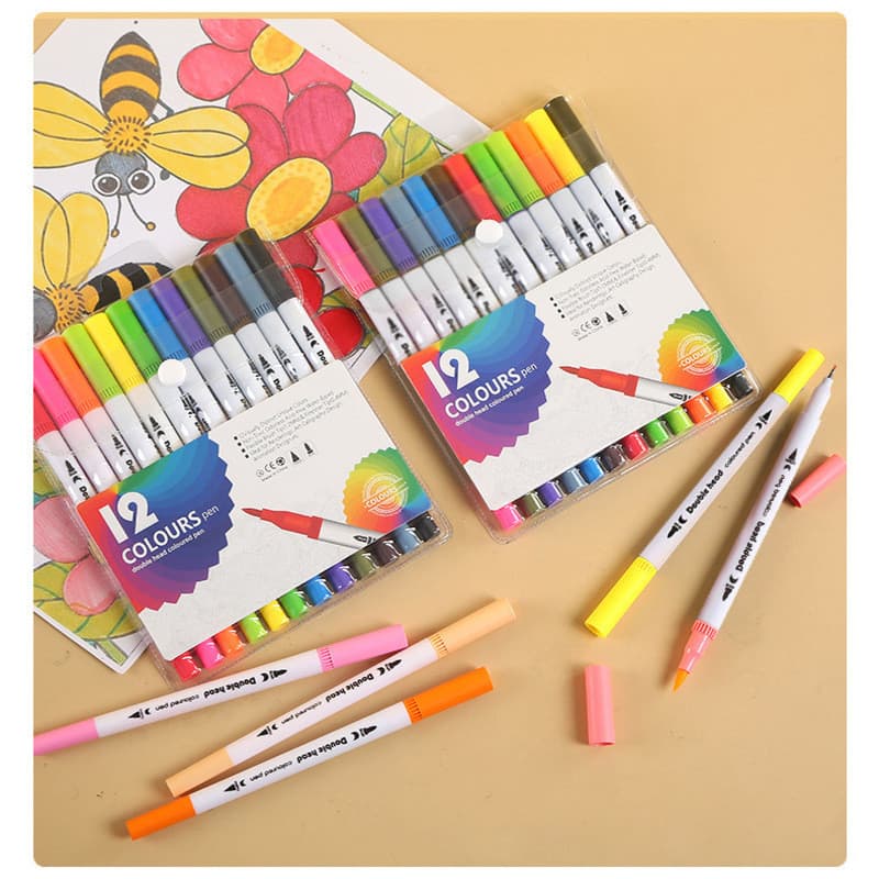 Kit 12/24/36/48/60 Peças Caneta Brush Pen Dupla Ponta – Pincel e Fina para Desenho e Caligrafia