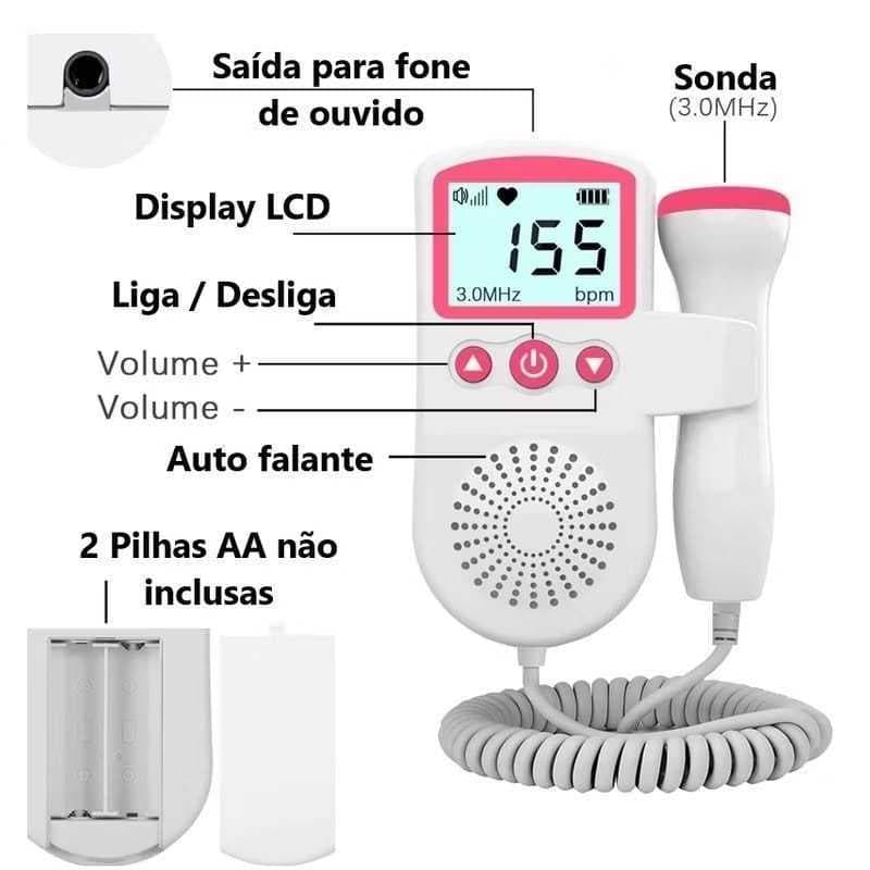 Doppler Fetal Ultrassom de Bolso - Monitor Ouvir Batimentos Cardíacos do Bebê e Grávida