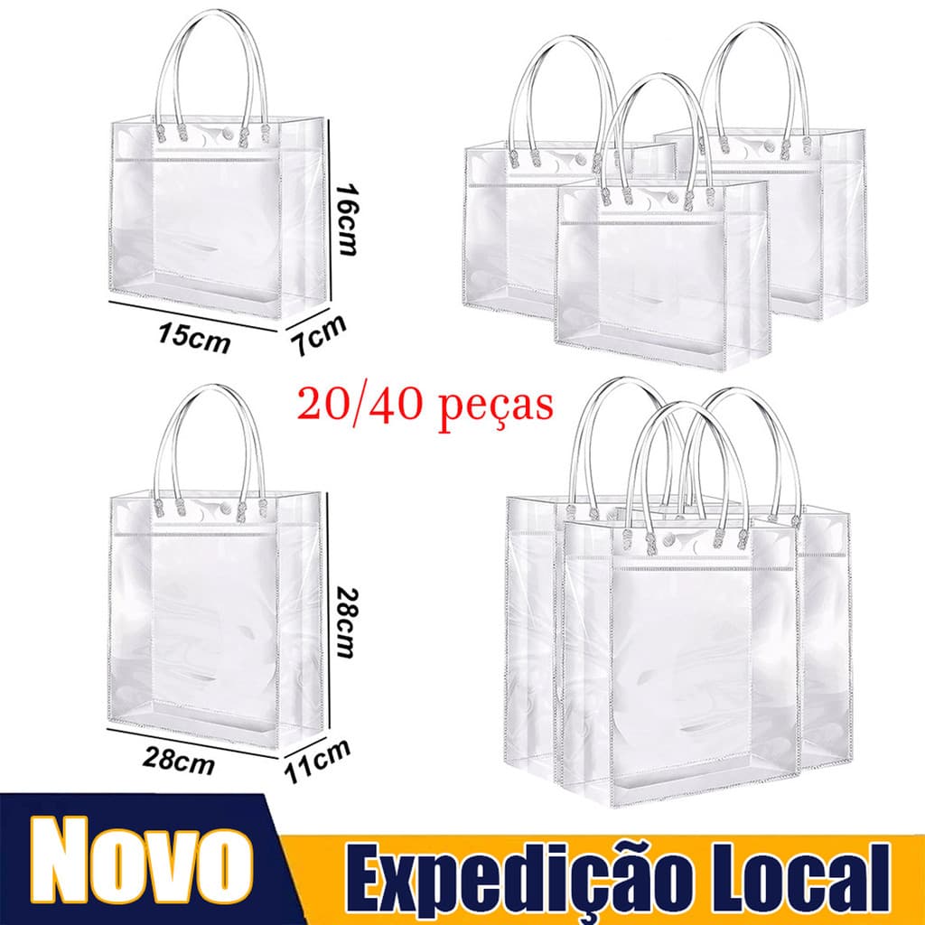 Sacola Bolsa Transparente PVC Presente 20/40 Peças com Alça Impermeável Reutilizável Festa Lembrancinha Loja