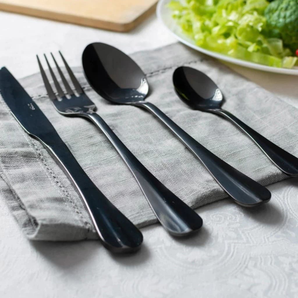 Jogo Talheres Black 24 Peças Faqueiro Garfo Colher Faca Conjunto Preto Comida Servir Presente Jantar