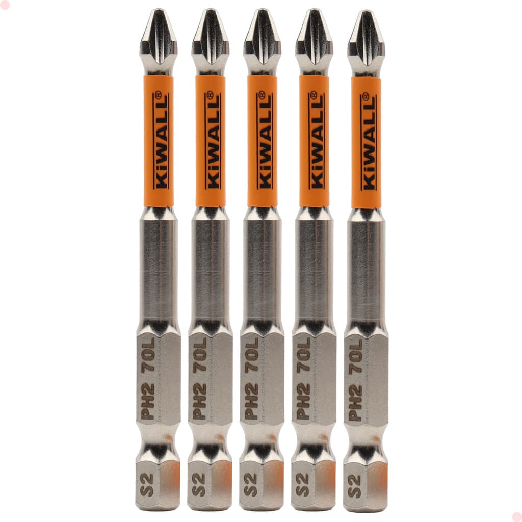 Jogo de 5 Bits Ponteira Phillips de Alto Impacto PH2 x 70 mm Aço S2 Magnético Imantado