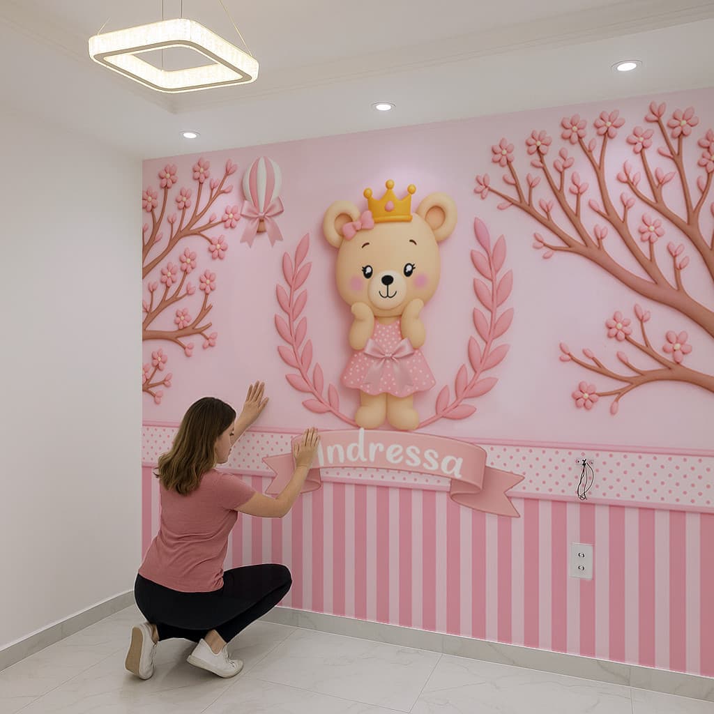 Papel de Parede Infantil Bebê Urso Príncisa Rosa Personalizado Quarto de Menina Ursinha