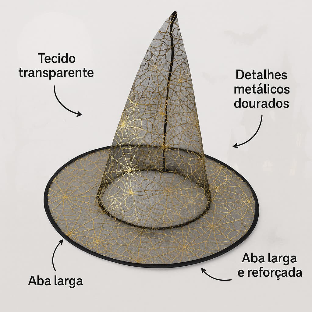 ✅️ Chapéu Halloween de Bruxa com Estampa Dourada – Acessório Encantado 🧙‍♀️