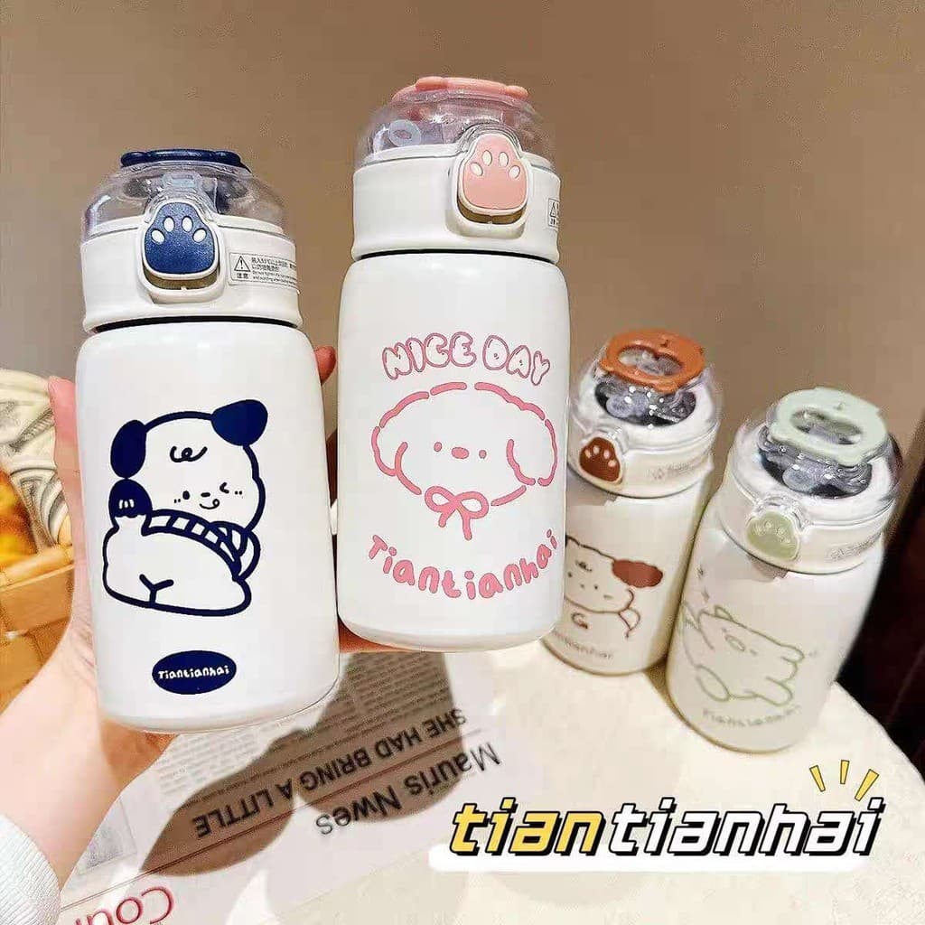 Garrafa Térmica Infantil com Canudo, 400ml - Estampas de Animais Fofos em Aço Inox