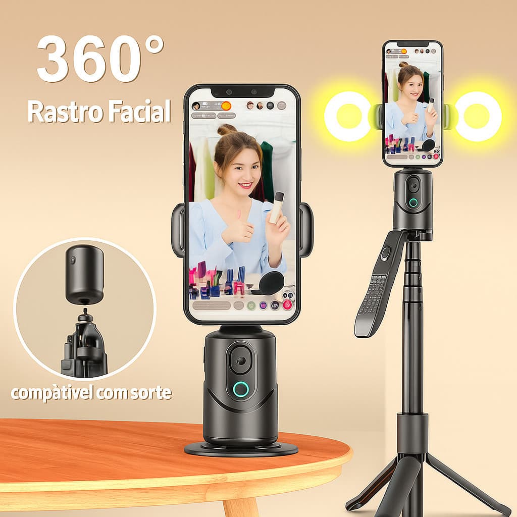 Tripé Selfie Stick 360° com Rastreamento Facial Automático e Controle Remoto Destacável