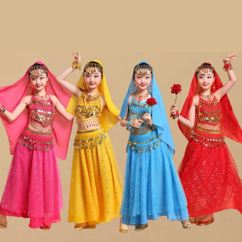 Dança do ventre menina lantejoulas traje indiano desempenho traje dia das crianças conjunto de 4 peças