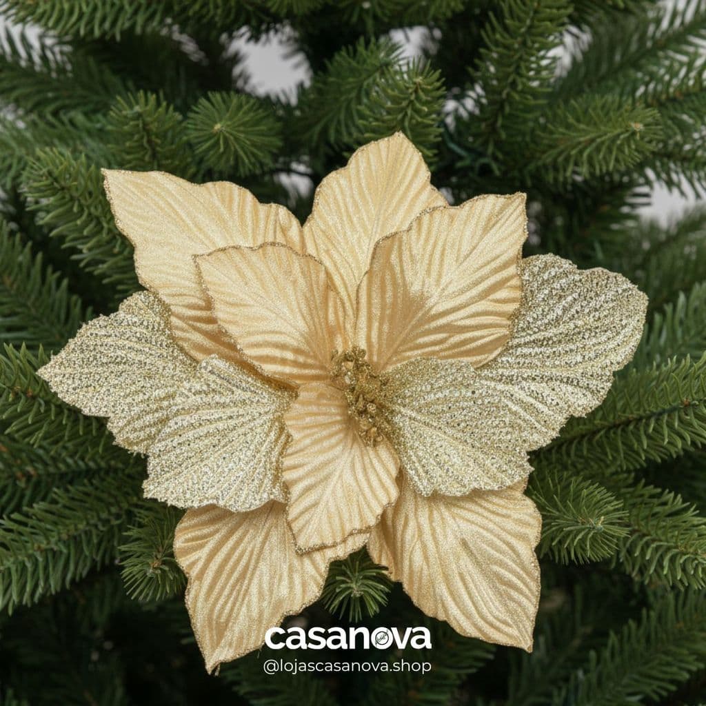Flor Bico de Papagaio Natal Aveludado com Glitter Dourado Glitter Dourado 31cm Alt - Enfeite Natalino Florarte