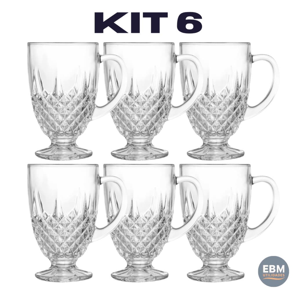 Kit 6 Xícara Crystal Vidro Transparente Versátil Com Alça 180ml