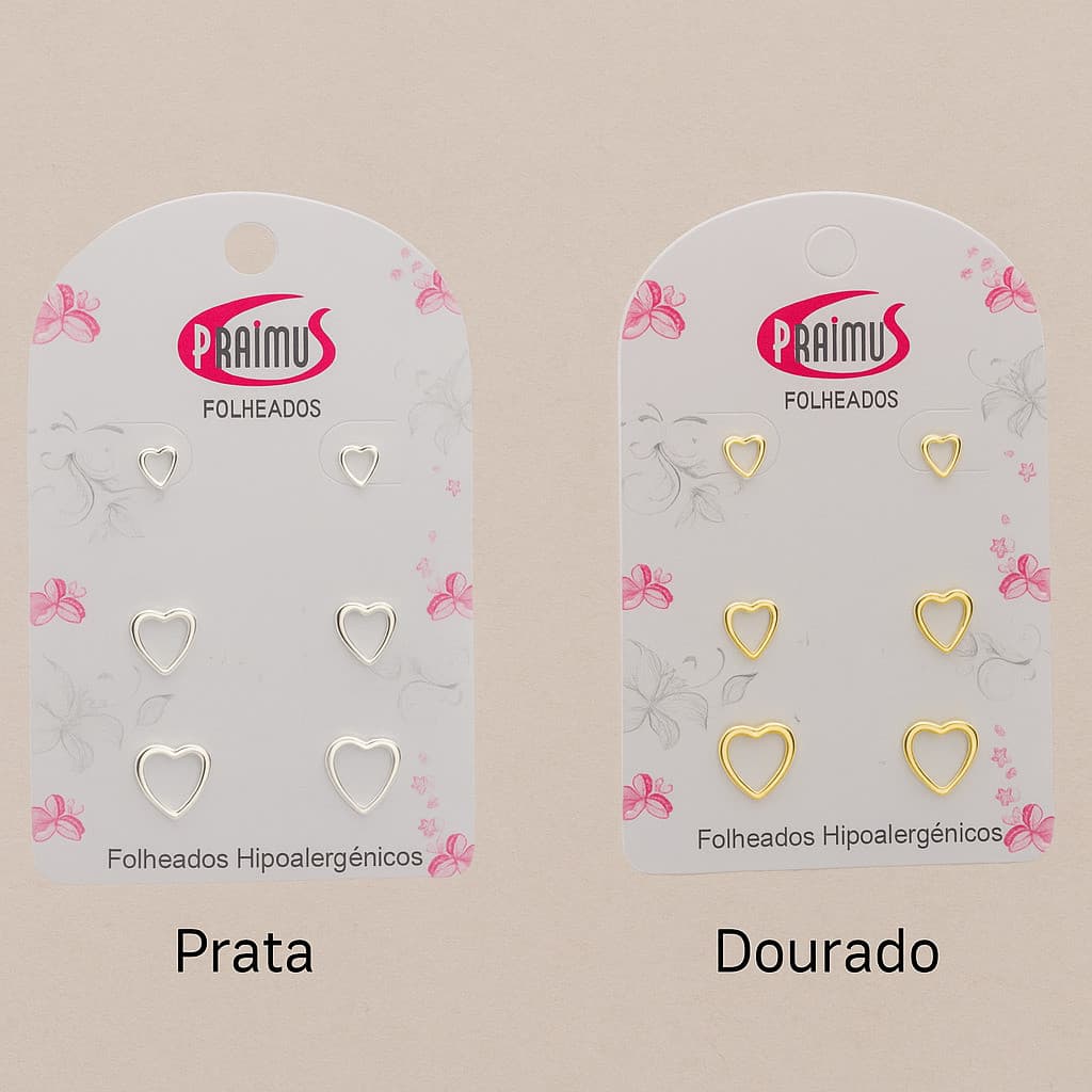 ✅️ Trio de Brincos Coração Vazado – Folheados Hipoalergênicos (Prata e Dourado)