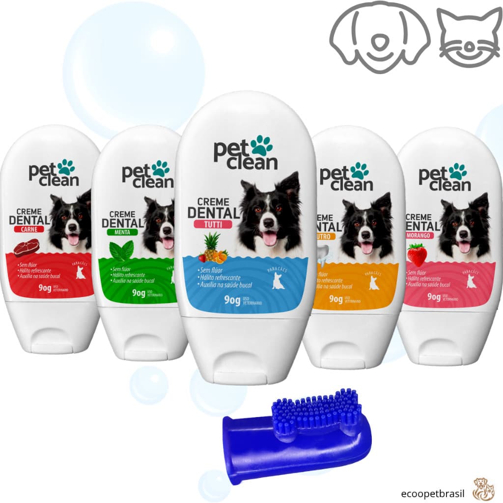 Pasta de Dente Creme Dental e Escova Dedeira para Cachorro Cães e Gato Pet Clean 60g