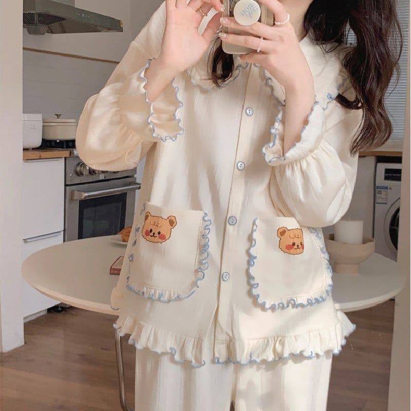 Estilo doce bonito urso pijamas feminino primavera outono novo estilo gola de boneca de manga comprida calças de manga c