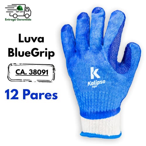 Kit 12 pares Luva de proteção BLUEGRIP em algodão c/ revestimento antiderrapante vulcanizado KALIPSO