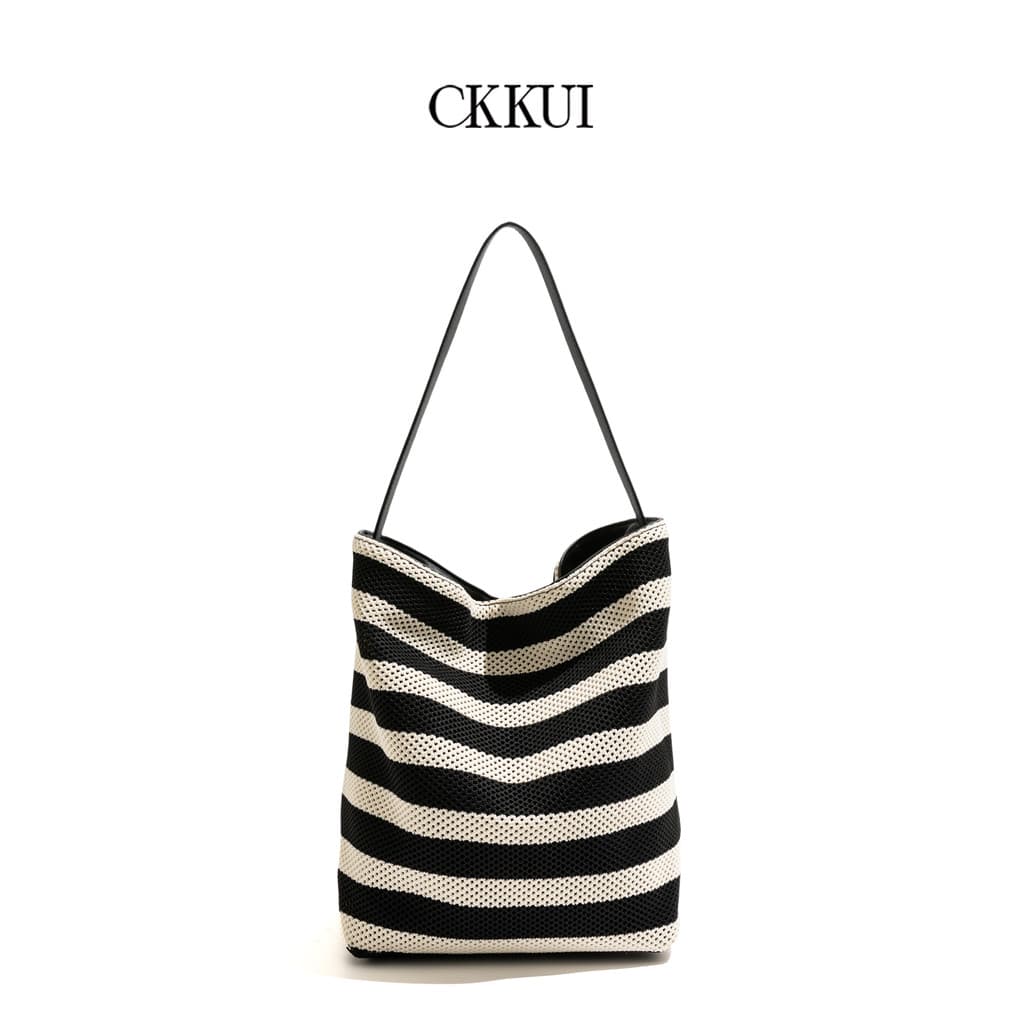 CKKUI Minimalista High-End Feel Preto Branco Listrado Malha Bolsa 2025 Novo Estilo Bolsa Balde Commuter Bolsa de Ombro