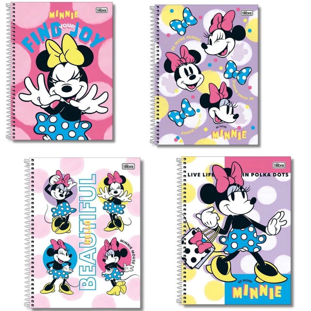 KIT CADERNO CAPA DURA ESPIRAL PAUTADO 1 MATÉRIA MINNIE MOUSE 80 FLS FIT TILIBRA ADESIVOS DECORADO