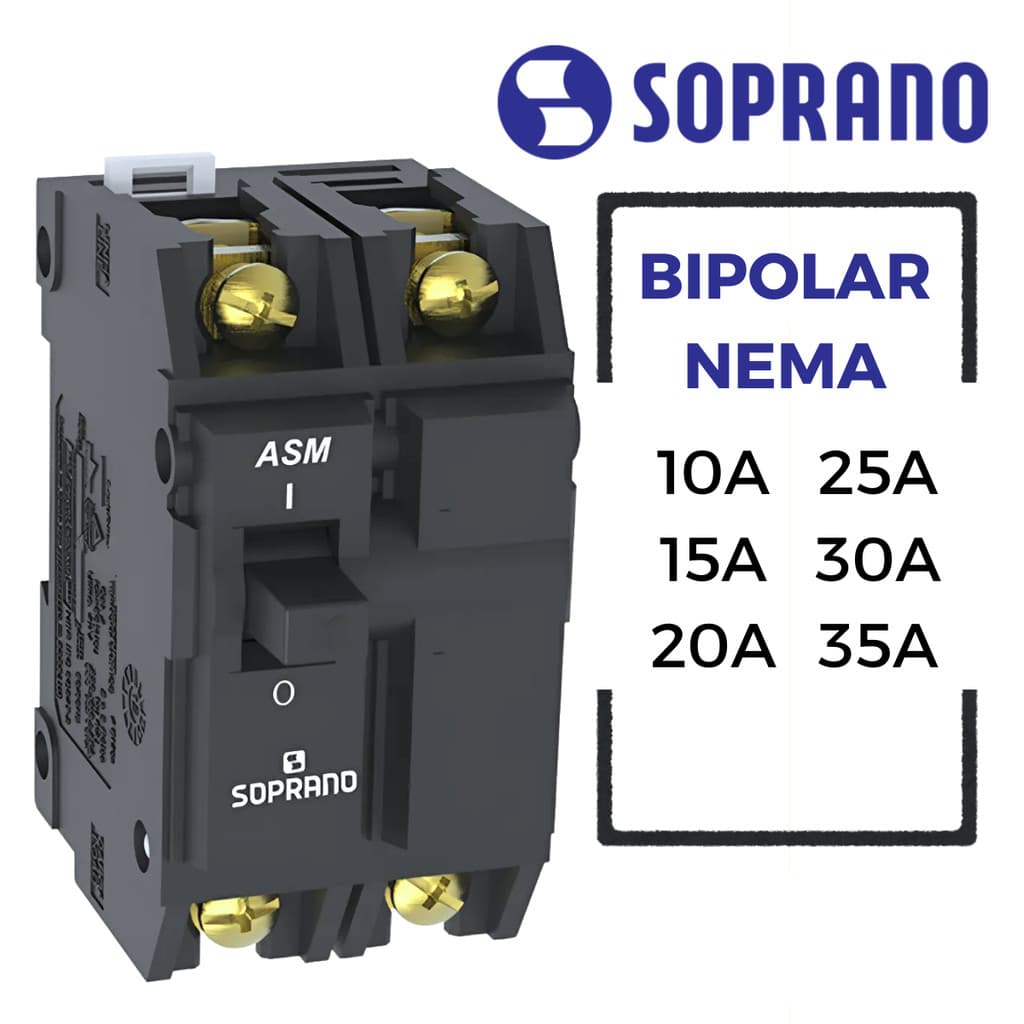 Disjuntor Nema Bipolar 10A 15A 20A 25A 30A 35A Preto Alta Tensão Trifásica Até 380V Profissional Soprano