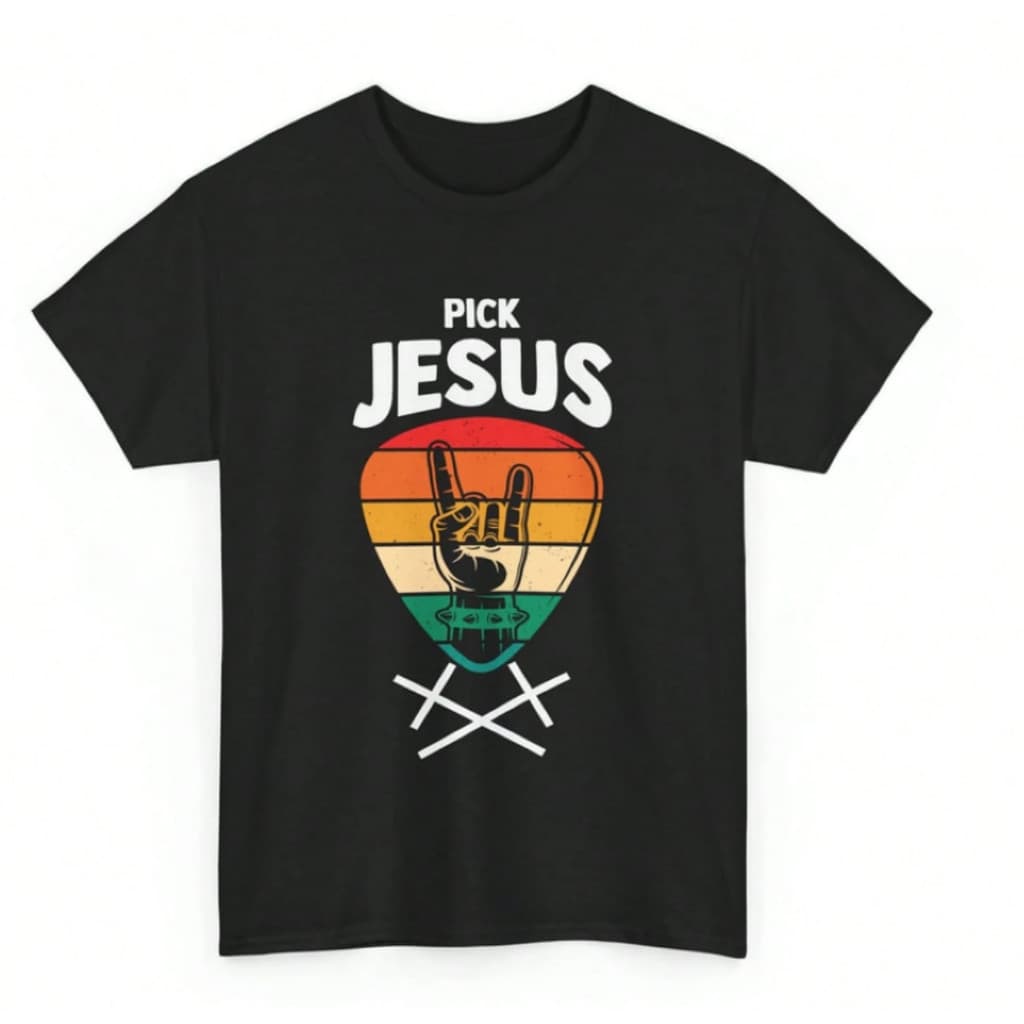 Camiseta Retrô Unissex De Algodão Com O Slogan "Pick Jesus", Uma Palheta De Guitarra E Estampas De Gestos De Rock.