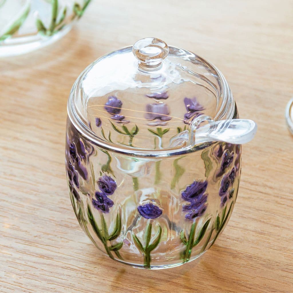 AÇUCAREIRO COM COLHER E TAMPA LAVANDA 8,5CM X 11,3CM CRISTAL