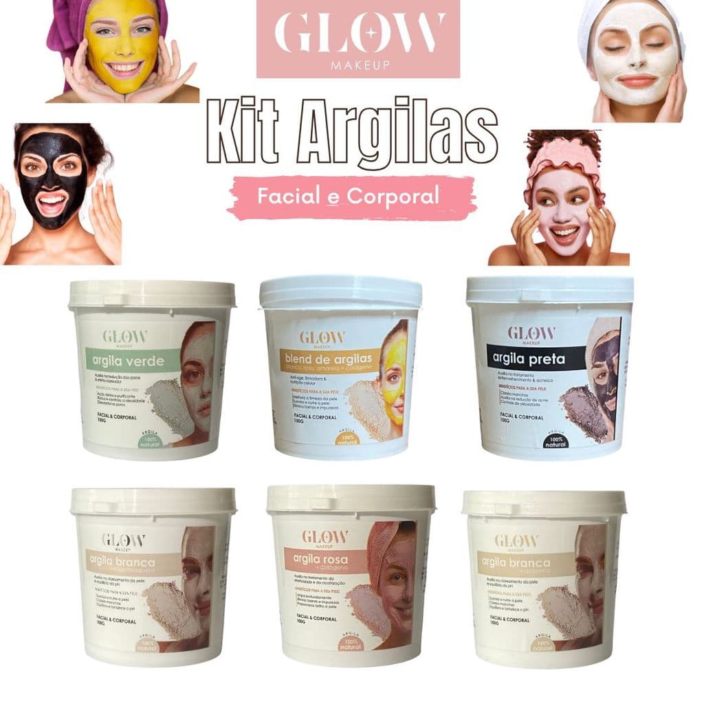 Kit com 6 Argila em Pó Glow Make  Branca com Mosqueta, Rosa com Colágeno, Verde, Preta, Blend, Branca com Dolomita