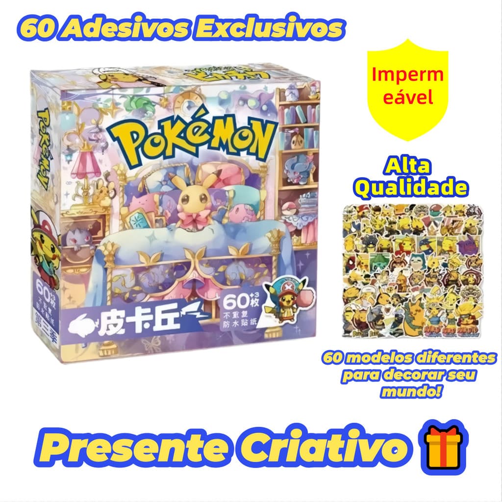 Caixa de Adesivos Pokémon Oficial - 60 Desenhos Exclusivos Premium - Decoração para Cartão, Celular e Notebook
