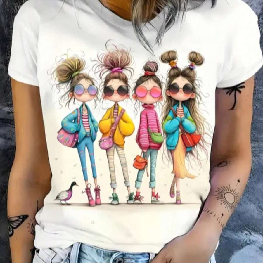 Camiseta Feminina de Gola Redonda Estampada com vibrante, Moda T-shirt Feminina com Estampa de vibrante, Camiseta Casua