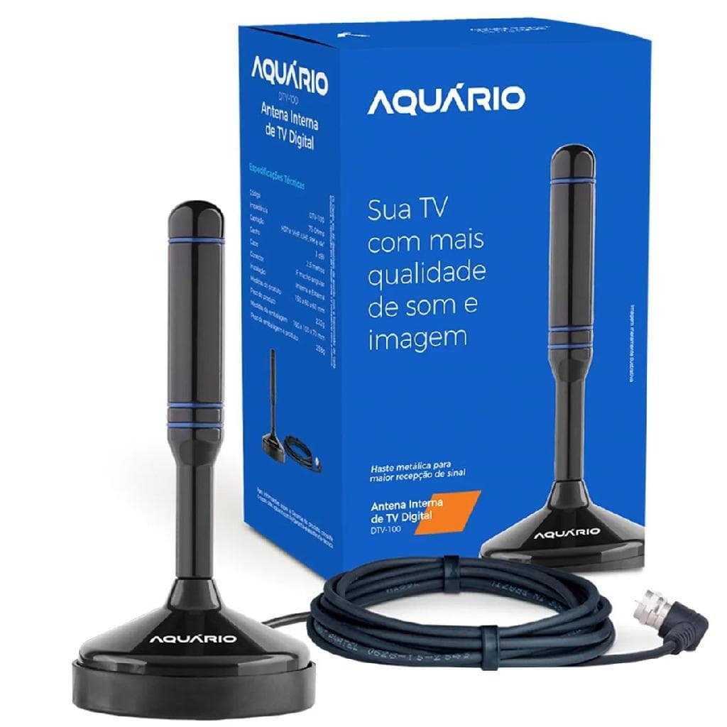 Antena Digital 4 Em 1 VHF/UHF-FM-HDTV DTV-100 Aquário Com Cabo 2.5m Preto.
