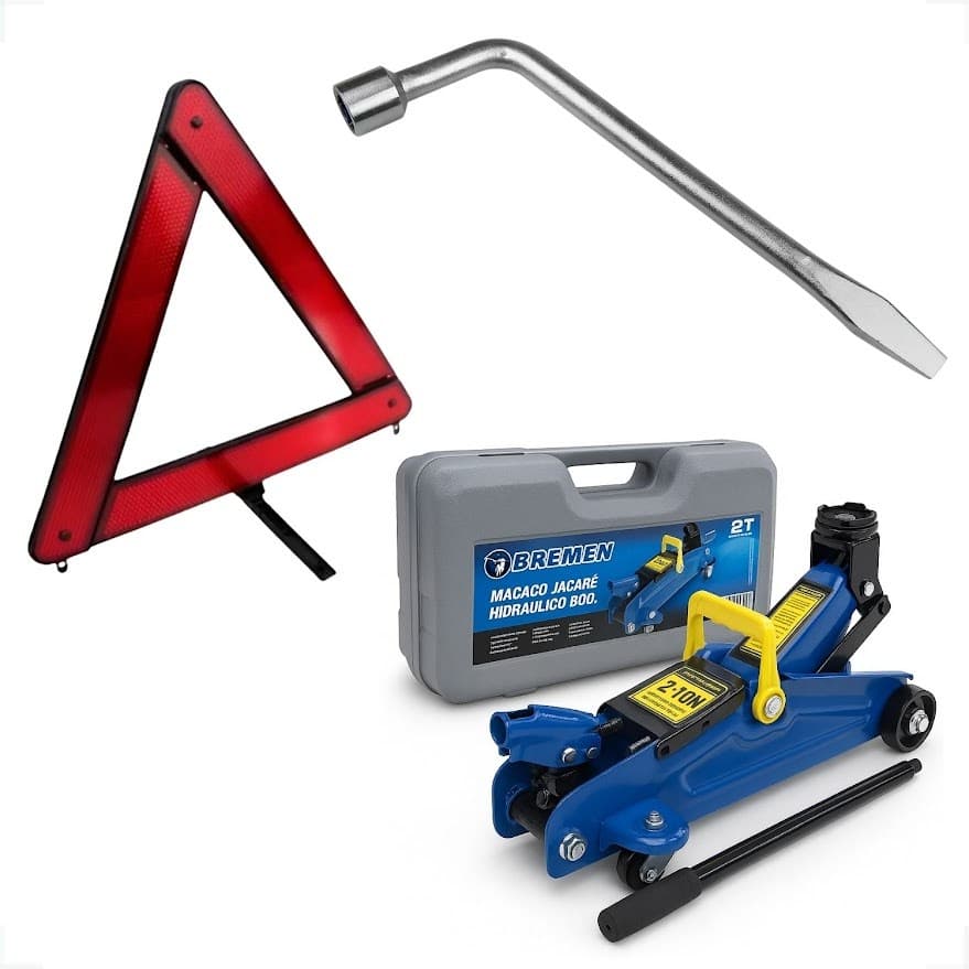 Kit SOS Macaco 2 Ton Maleta + Chave Roda L 19 + Triangulo Automotivo Sinalizaçao