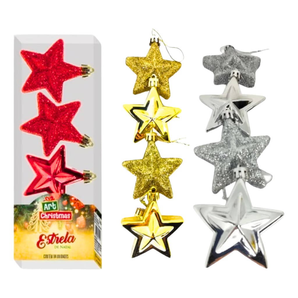 Estrela de natal kit com 4 - 7 Cm Pendurar Enfeite  Árvore Natal Dourado