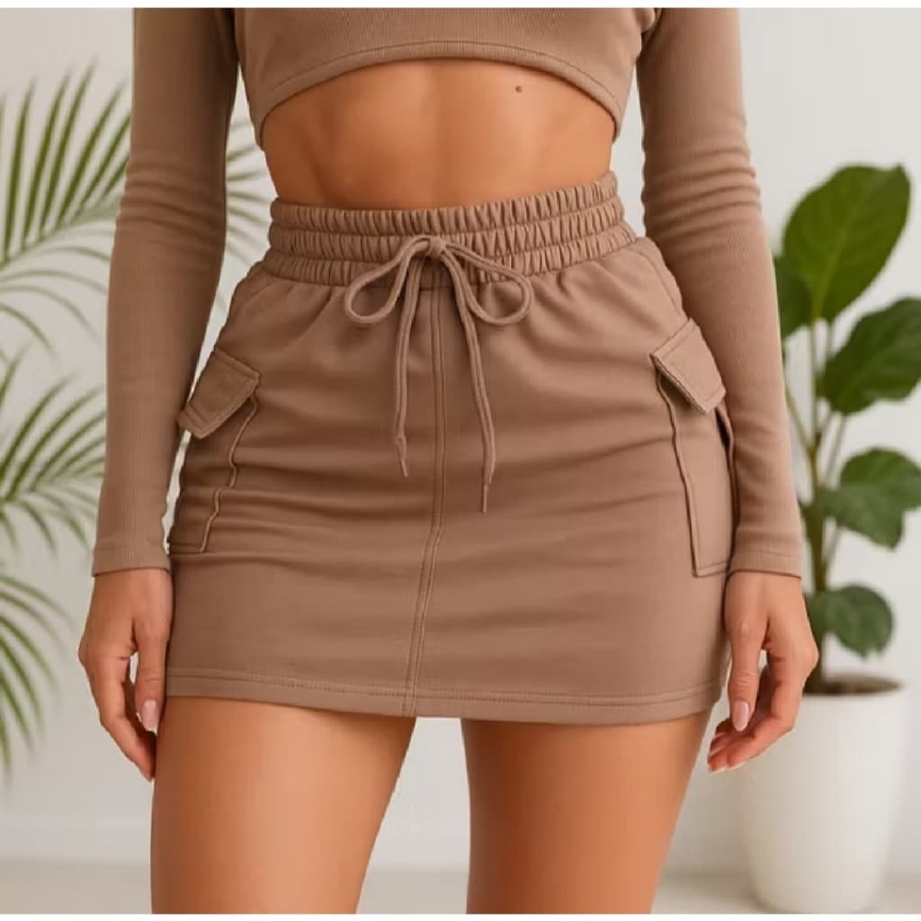 Saia Moletom Cargo Feminina Cintura Alta Casual para Passeio e Uso Diário
