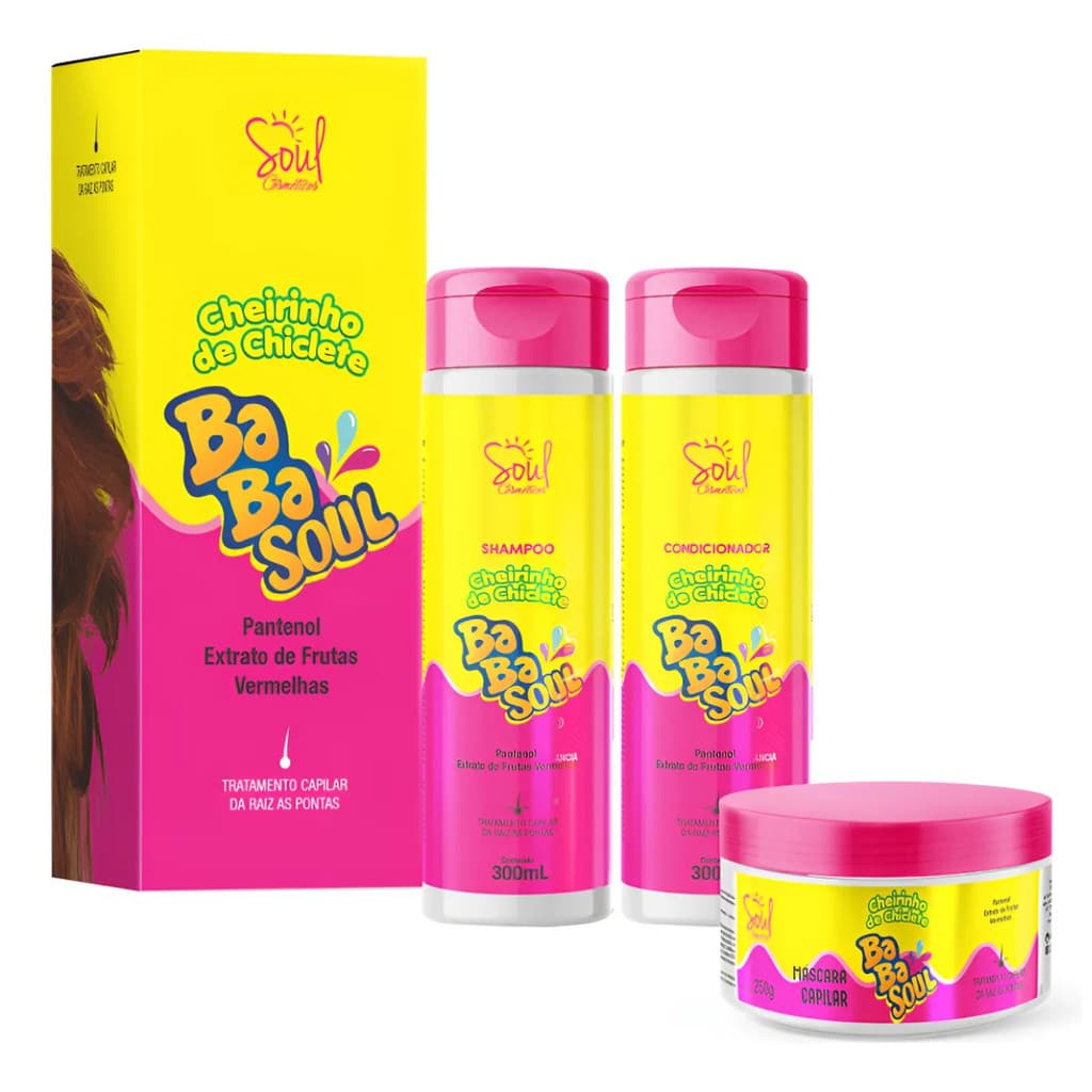 Kit capilar Babasoul fragrâncias cheirinho de chiclete 3 itens Shampoo, Condicionador e Máscara