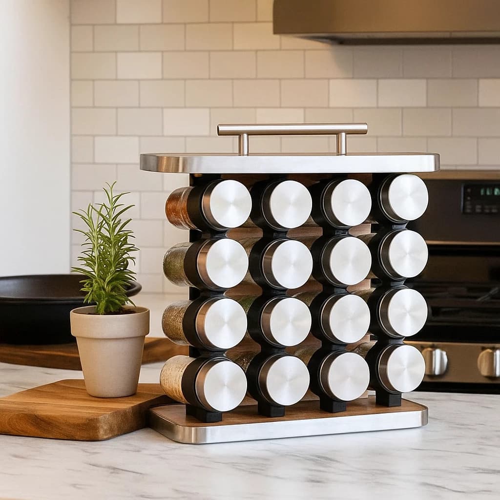 Porta Temperos 16 Potes De Vidro Inox C/ Bambu Madeira Condimentos Saleiro Bancada Cozinha Gourmet