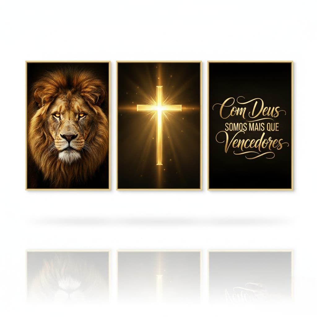 quadro decoração leão de judá frase com Deus somos mais que vencedores cruz religioso rei sala