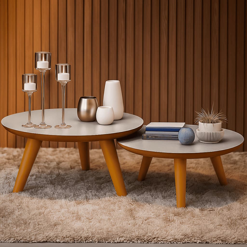 Kit 2 Mesas De Centro Redonda Com Pés Plástico PVC Para Sala De Estar Decorativa Modernic