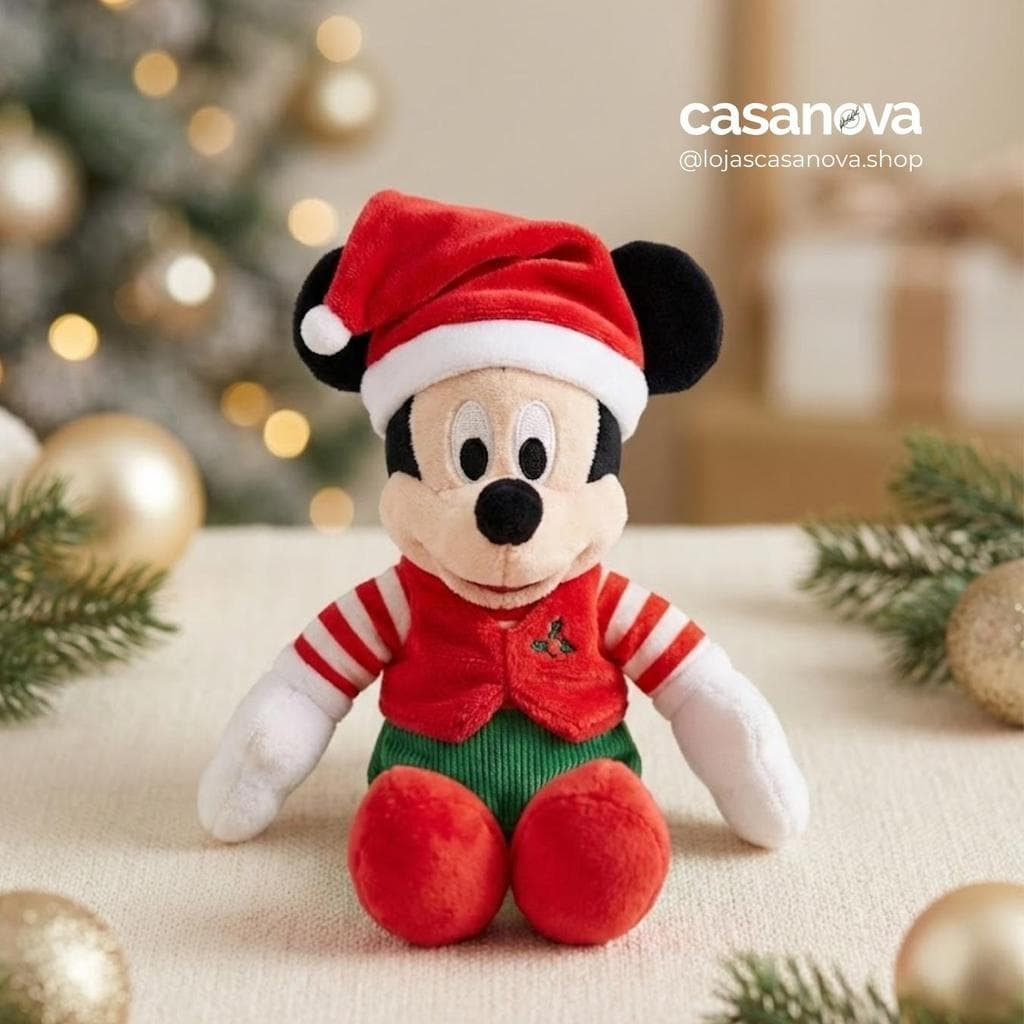 Pelúcia Mickey com Gorro Vermelho e Rosa 15cm – Enfeite de Natal Disney Orginal