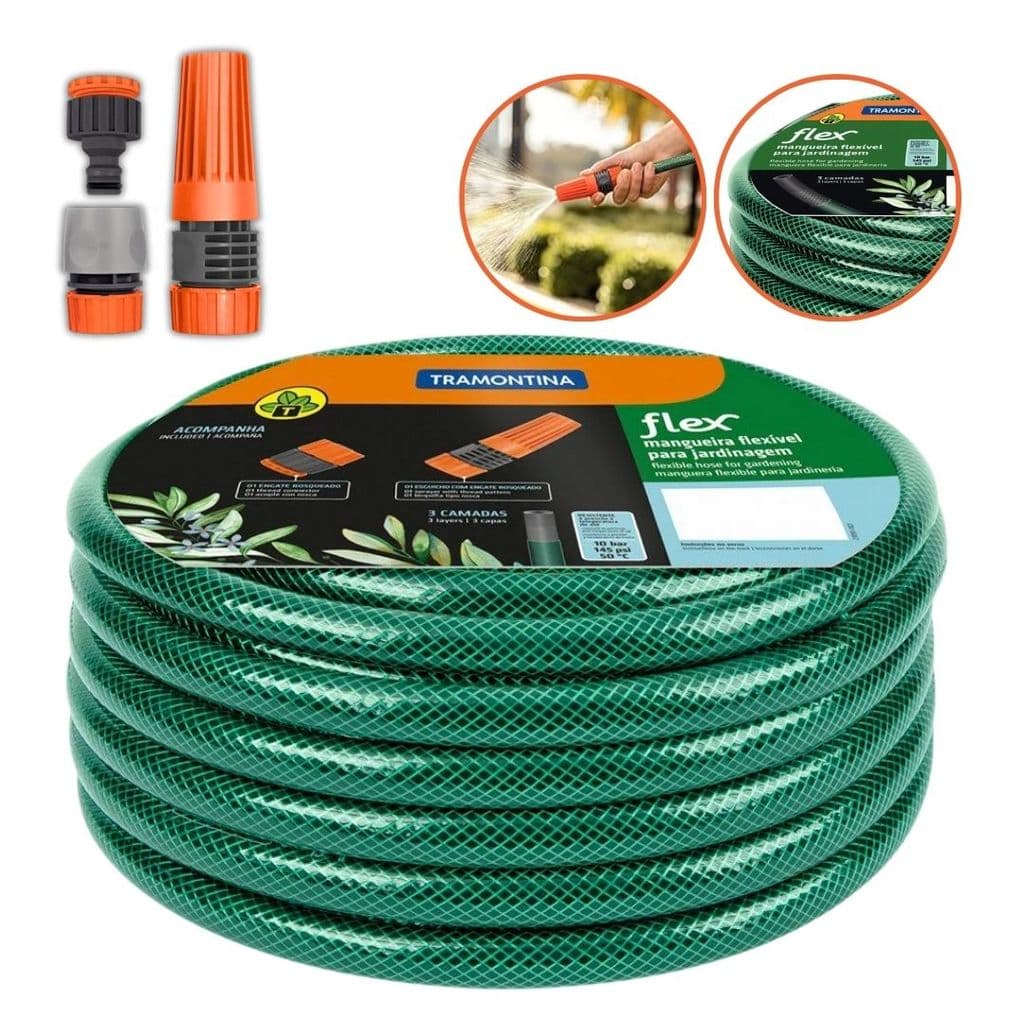 Mangueira de jardim Tramontina ate 30 metros 1/2 polegadas flexível verde com Kit Esguicho engate