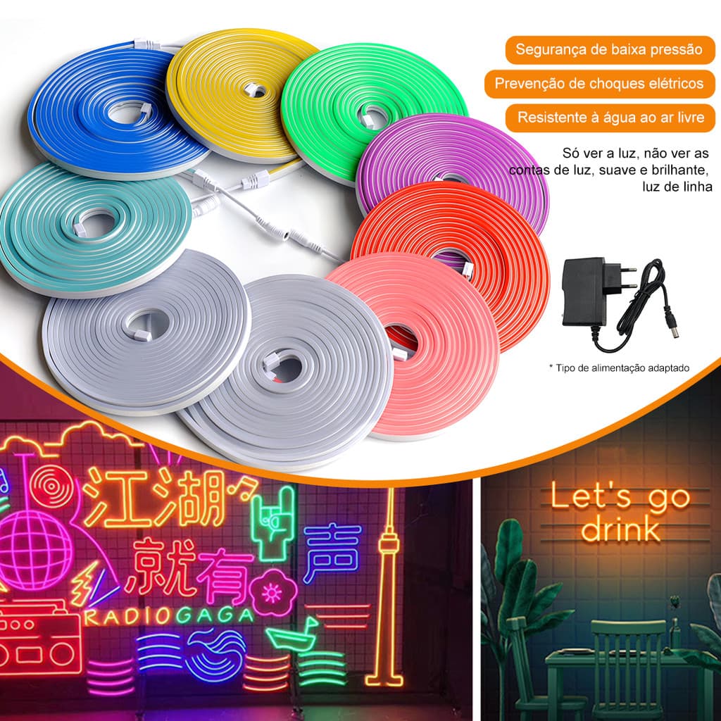 Fita de Led Mangueira Neon 5 Metros Alto Brilho Flexivel Siliconada IP65 Sem Fonte