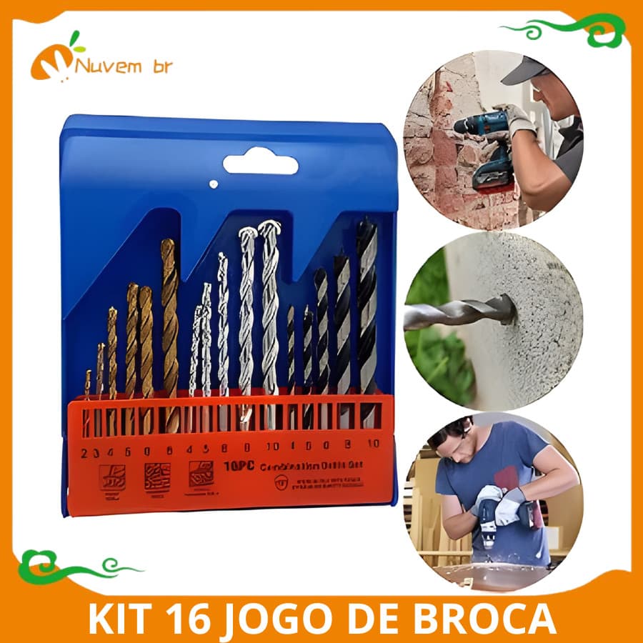 Jogo De Brocas Estojo KIT16 Peças Madeira Ferro Metal, Para Furadeira, Materia Profissional Concreto 16 BROCAS  NUVEM
