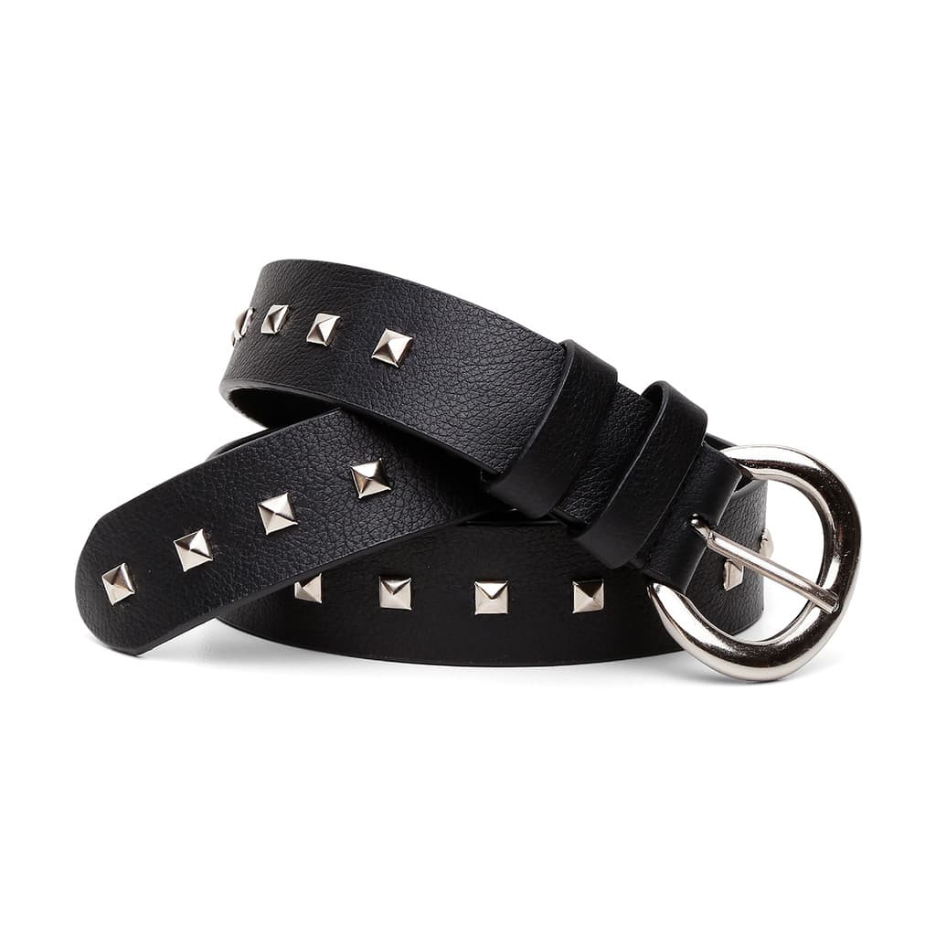 Cinto Feminino Carina Couro Legitimo Vittal Preto Com Spikes Piramides Em Metal