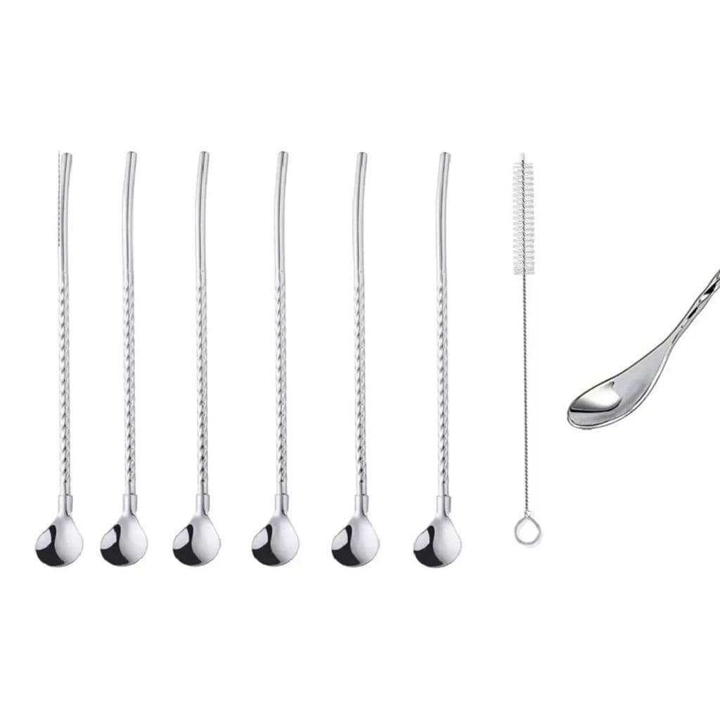 Colher Longa Canudo Drink Kit 6 Pcs E 01 Escova Limpeza Inox