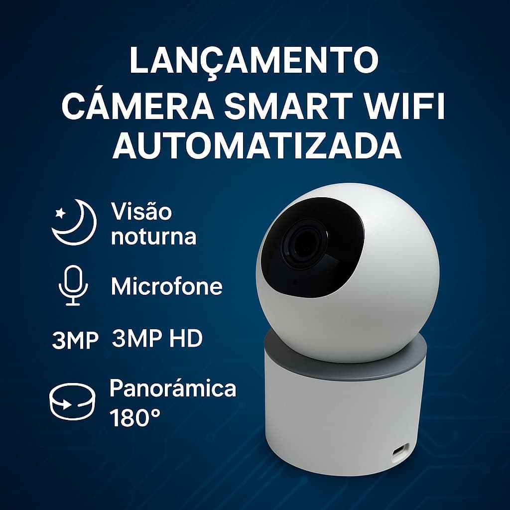 Câmera de Segurança Sem Fio 3MP Wi-Fi HD c/ Controle via Celular, Tuya e Smart Life, Áudio e Noturna