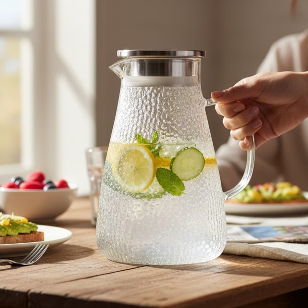 Jarra Vidro Texturizado C/ Alça Tampa Inox 1800ml Suco Água