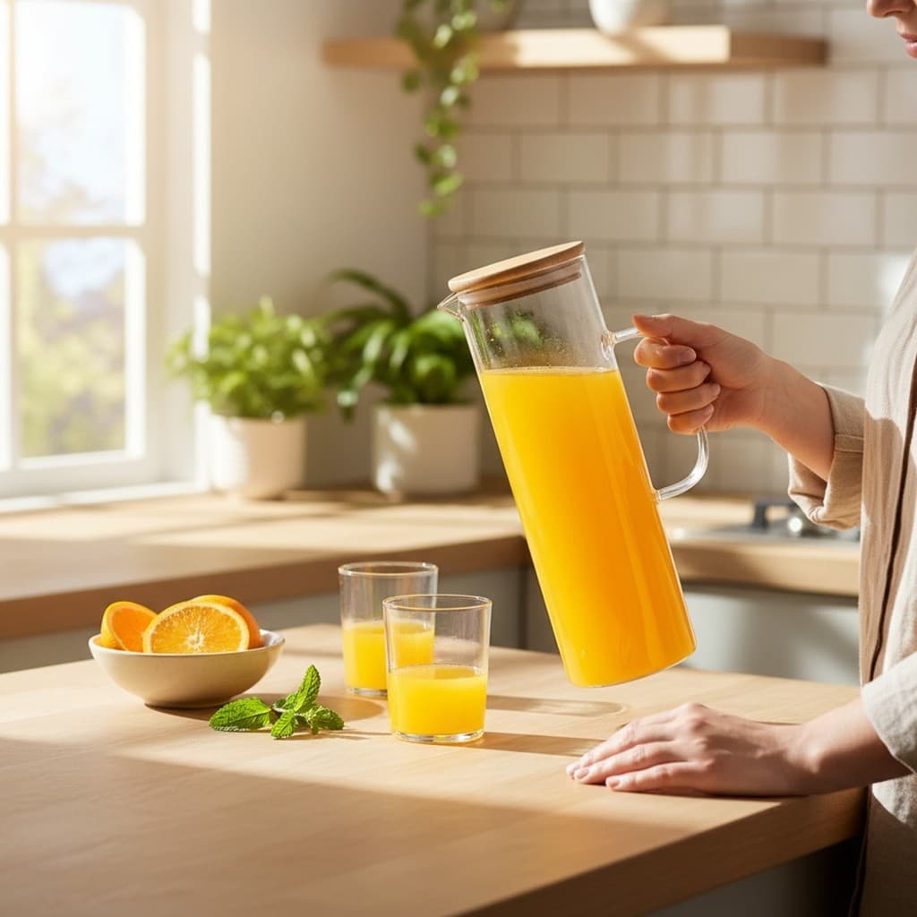 Jarra Vidro Borossilicato C/ Alça Tampa Bambu 1,5l Suco Água