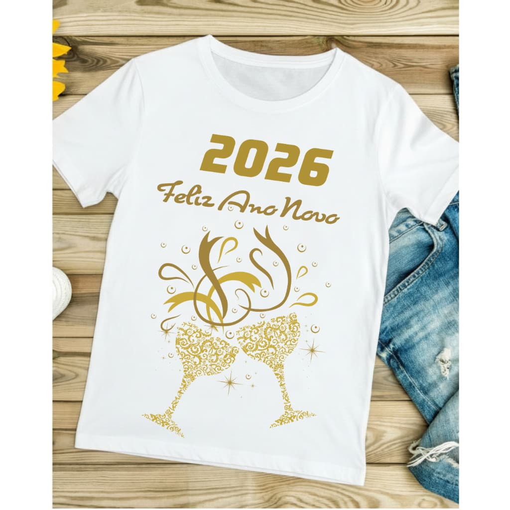 Camiseta Branca Réveillon 2026 Unissex Premium Feliz Ano Novo ADULTO E INFANTIL