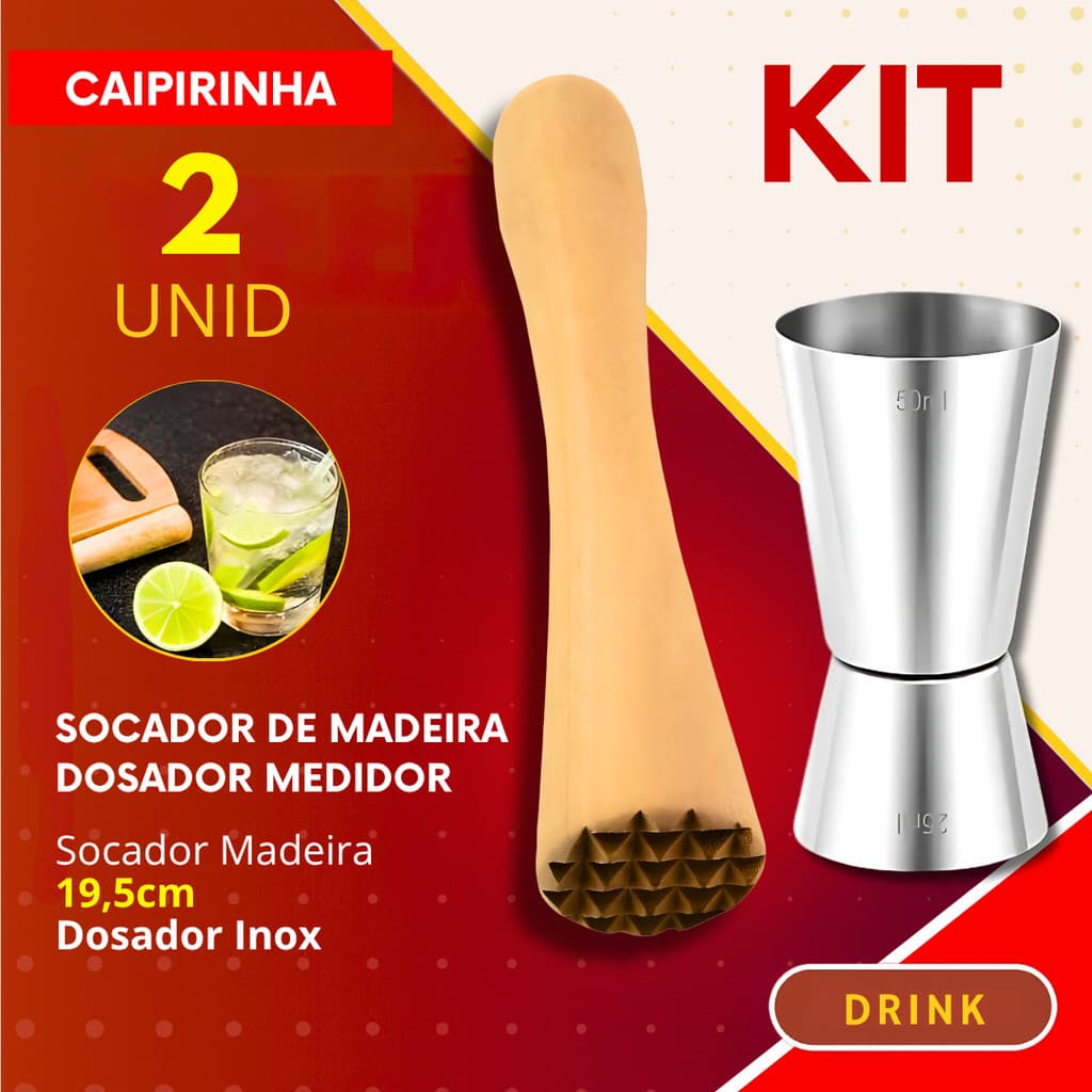Kit Socador de Caipirinha de Madeira e Dosador Inox Macerador Drinks Coqueteis Bebidas Bar